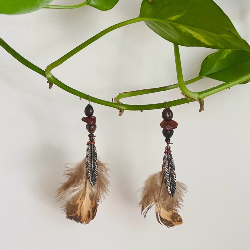 Boho Feather and Amber Bead Earrings